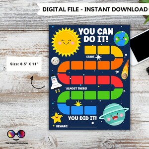 Puede incluir: Un gráfico de recompensas imprimible con temática espacial con un fondo azul y cuadrados coloridos. El gráfico presenta un cohete, un sol, un planeta y estrellas. El texto "You Can Do It!" está en la parte superior del gráfico, y el texto "You Did It!" está en la parte inferior. El gráfico mide 8,5 pulgadas por 11 pulgadas.