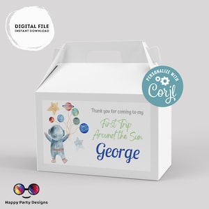 Editable First Trip Around the Sun Birthday Gable Box label | Outer Space favor box | Astronaut birthday party | Box to print  favors #K5