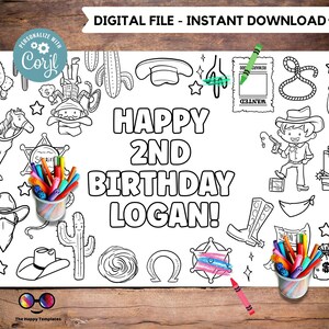 May include: A black and white printable coloring page featuring a cowboy theme. The page says "Happy 2nd Birthday Logan!" and includes images of a cowboy hat, cactus, horseshoe, and a sheriff's badge.