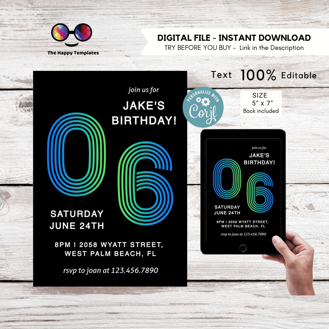 EDITABLE Boy 6th Birthday Invitation | Neon Glow Party | Birthday Boy ...