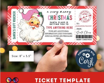 May include: A printable Christmas gift voucher template featuring a vintage illustration of Santa Claus. The voucher is red and white with a plaid pattern and includes the text "a very merry Christmas". The voucher is 8 inches by 3.5 inches.
