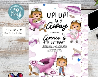 Editable Up Up and Away Invite | Airplane Birthday Invitation | Airplane Party | Plane invitation | girl Party Invitation | Airplane #K229