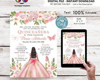 Editable Rose gold Quinceañera Invitation | EDITABLE TEMPLATE Mis Quince 15 | 16th Birthday Instant Download | pink and gold dress #K328