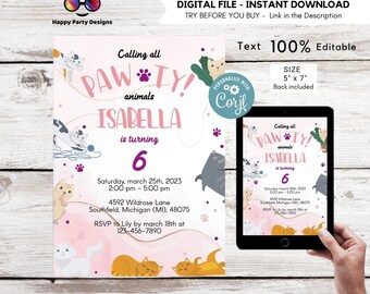 It's a Pawty Birthday | cats Invitation | Cat Birthday invitation | Cute cat birthday invite | digital invitation Personalize Online #K272