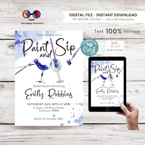 Paint and sip wine invitation | bridal shower | Art Party Birthday | PRINTABLE wine party invitation | Sip & Paint Artist Birthdayv Blue #W7