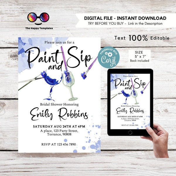 Paint and sip wine invitation | bridal shower | Art Party Birthday | PRINTABLE wine party invitation | Sip & Paint Artist Birthdayv Blue #W7