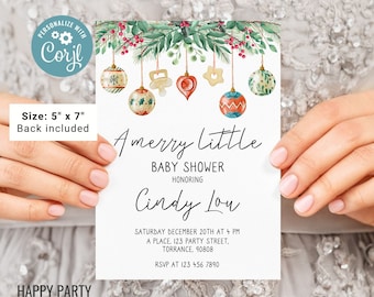 May include: A white baby shower invitation with a watercolour illustration of a Christmas wreath with baubles. The text reads "A merry little baby shower honouring Cindy Lou. Saturday December 20th at 4 PM. A Place, 123 Party Street, Torrance, 90808. RSVP at 123 456 7890."