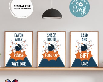 May include: Three printable signs with a bowling theme. The signs are white with blue and orange accents. The first sign says "Favor Alley Please Take One". The second sign says "Snack Booth Fuel Up". The third sign says "Card and Gift Lane".