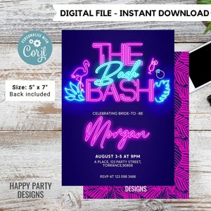 Editable Tropical Neon Bachelorette Party Invitation | Bridal Party Invitation Template| Bachelorette Invite | Tropical neon Palm leaves #W5