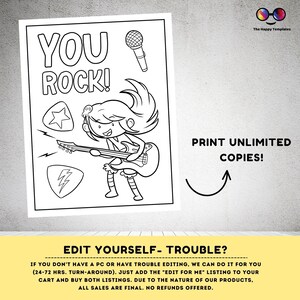 May include: Black and white printable coloring page featuring a cartoon girl playing an electric guitar with the text "You Rock!" and "Print Unlimited Copies!"  The image is designed for use as a printable coloring page.