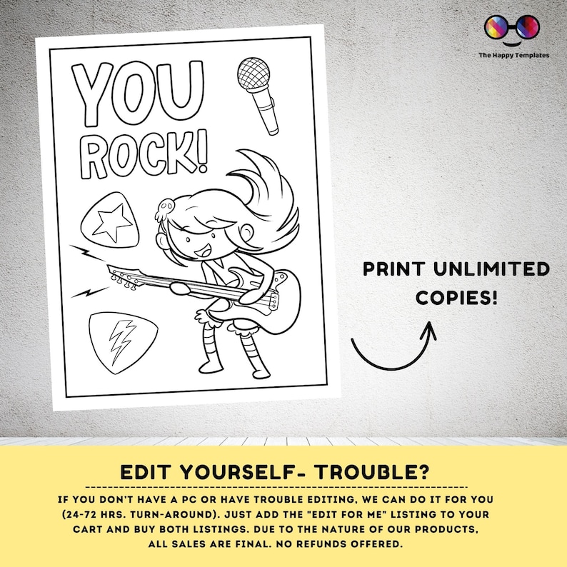 May include: Black and white printable coloring page featuring a cartoon girl playing an electric guitar with the text "You Rock!" and "Print Unlimited Copies!"  The image is designed for use as a printable coloring page.