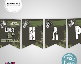 May include: A banner with a camouflage pattern and the words "LUKE'S 8th BIRTHDAY" in white. The banner also includes the words "MISSION ACCOMPLISHED" and the word "HAPPY" spelled out with individual flags. The design includes dog tags and a soldier silhouette.