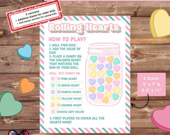 Rolling hearts Valentines Printable game | Valentines Day Candy Dice Game | INSTANT DOWNLOAD | Valentines Activity |  | Valentines for kids