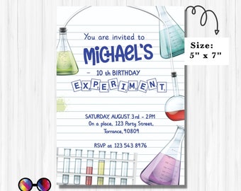 May include: A blue and white birthday invitation with a science theme. The invitation says "You are invited to Michael's 10th Birthday Experiment". It also includes the date, time, location, and RSVP information. The invitation is 5 inches by 7 inches.
