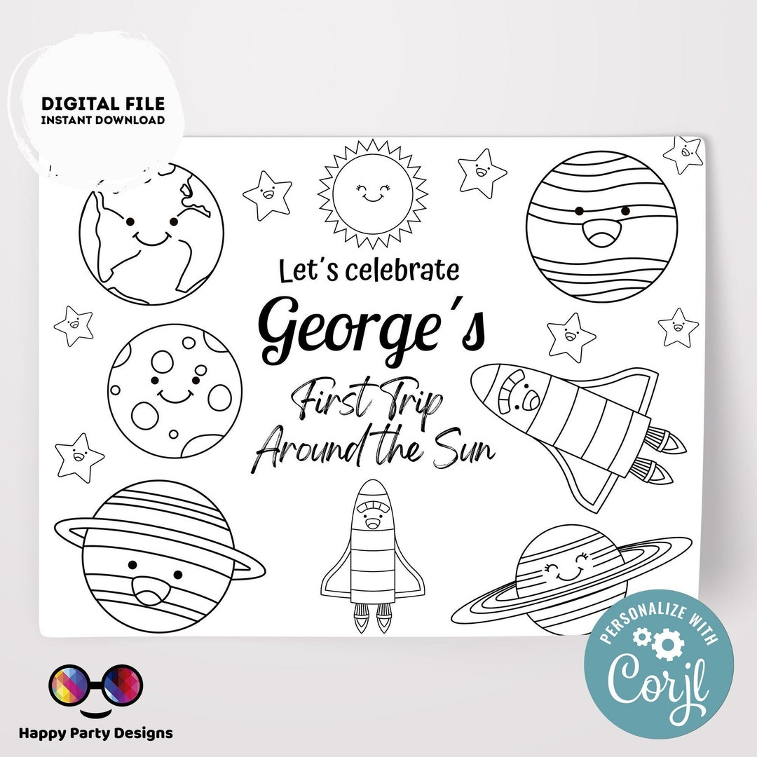 Editable First Trip Around the Sun Coloring Page | Placemat Coloring ...