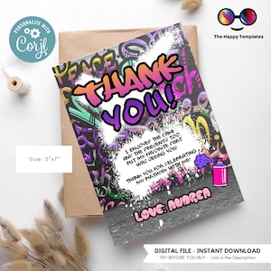 Editable graffiti Birthday thank you card Template | Printable graffiti Party card | thank you card | birthday girl #K2