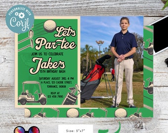 Bearbeitbare Golf Par-Tee Geburtstagseinladung | Golf Retirement Party Einladung grün mit Foto | retro Golf Party Einladung Golfer #K179