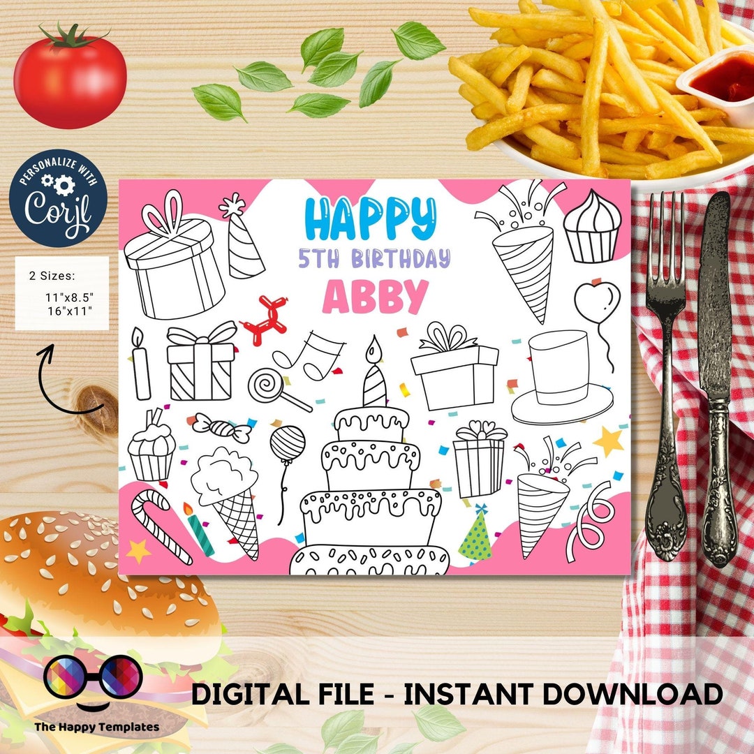 Editable Happy Birthday Coloring Page With a Pop of Color | Placemat ...