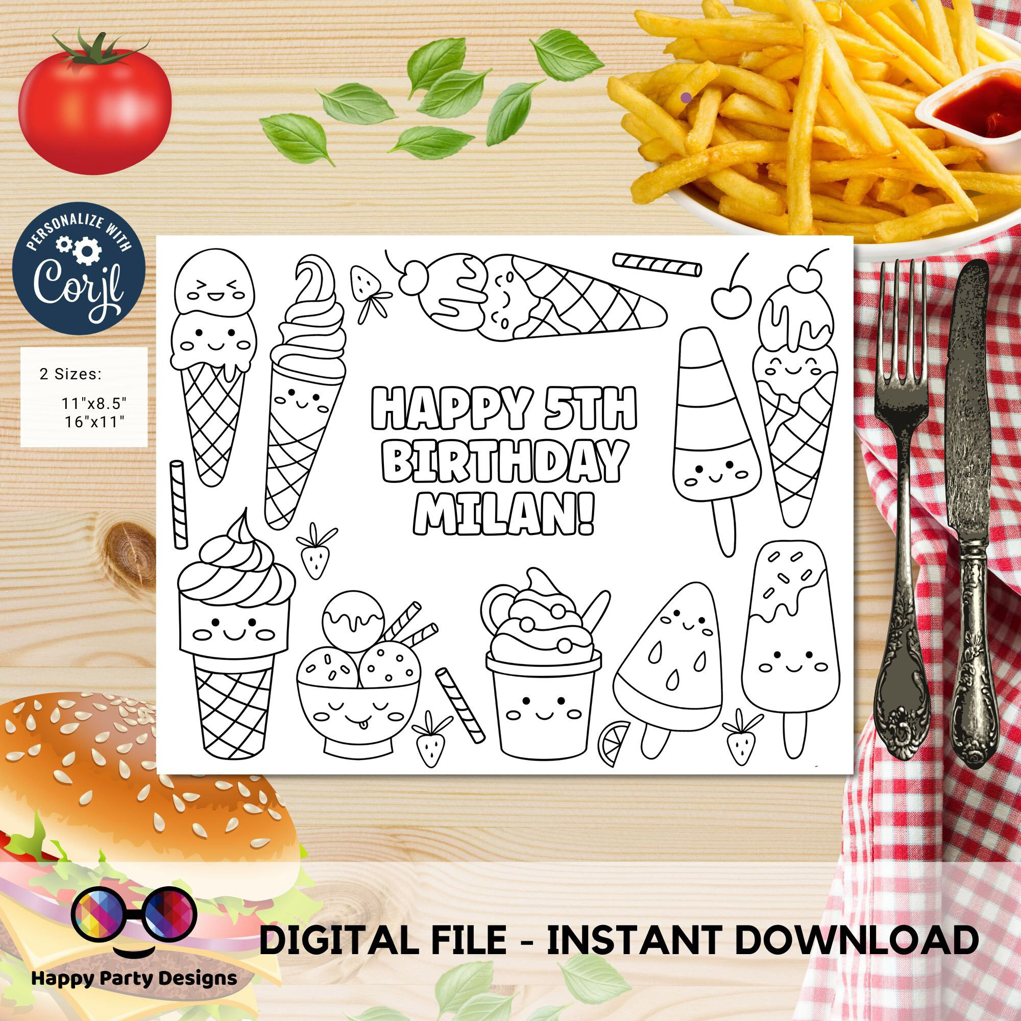 Editable Kawaii ice cream and popsicles coloring page | placemat | Any Age | Beach birthday | Summer Party Activity | beach party kids