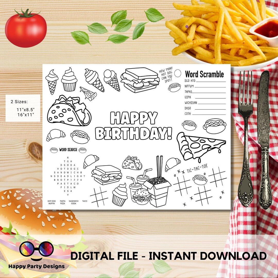 Food Coloring Activity Page Instant Download Pizza Party Hot Dogs Party