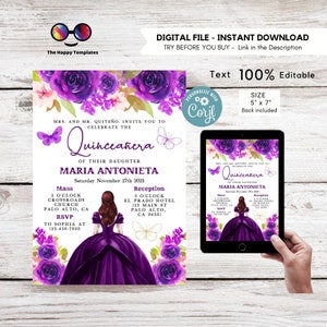 Editable Purple Quinceañera Invitation | EDITABLE TEMPLATE Mis Quince 15 | 16th Birthday Instant Download | purple princess  #K311