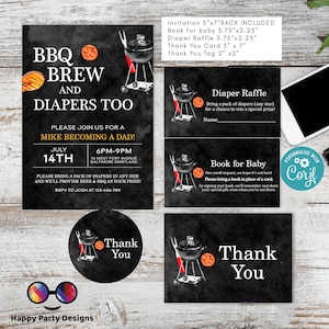 BBQ brew and diapers too Baby shower invitation bundle | diaper raffle, books for baby, thank you tag, thank you card | summer shower #B26