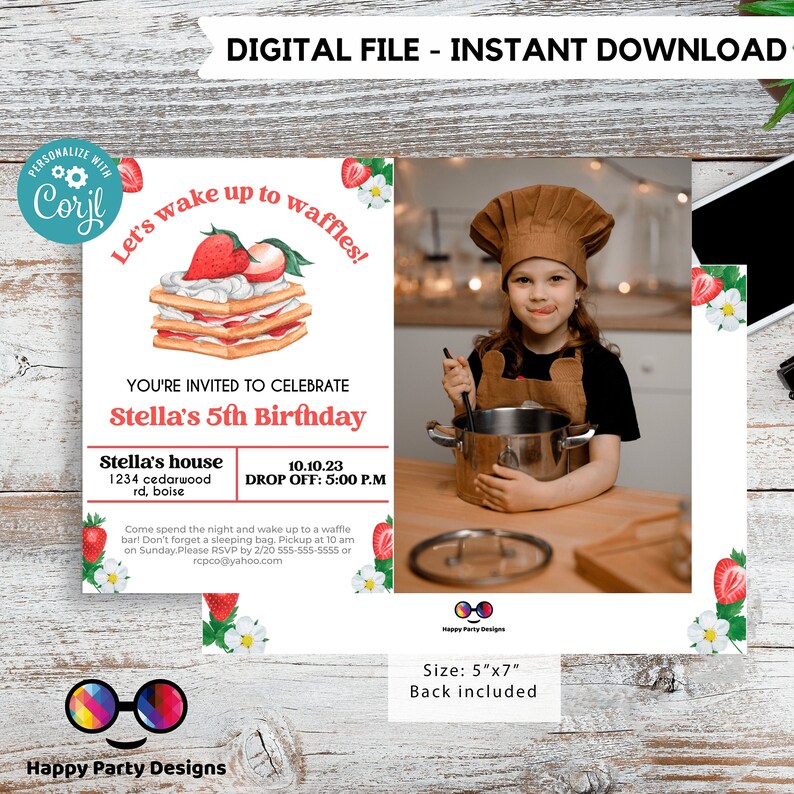 Waffles and Pajamas Party Birthday Invitation With Photo Waffle Party