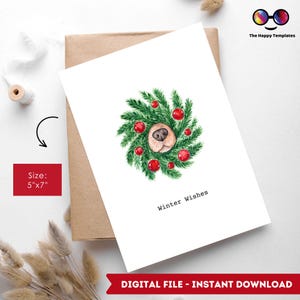 Tarjeta de felicitación Winter Wishes / 5" x 7" Descarga digital / Tarjeta navideña con acuarela / Descarga instantánea / Tarjeta navideña imprimible / para amantes de los perros