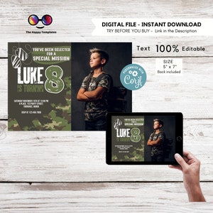 Kids Editable Army birthday invitation with photo | Printable Birthday Army Party Invite | Any Age | Birthday boy army | ID Badges #K241