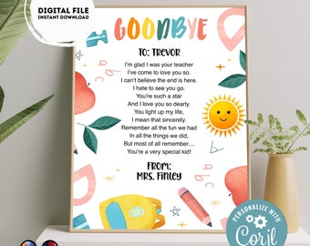 Gift from Teacher | end of school letter | goodbye poem to students | end of year printable | rainbow instant download #SCH1