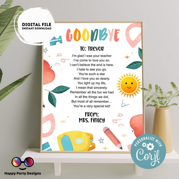 Gift from Teacher | end of school letter | goodbye poem to students | end of year printable | rainbow instant download #SCH1