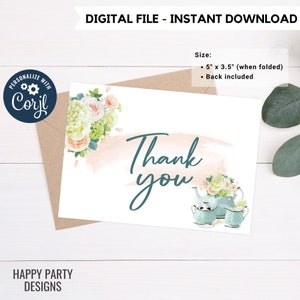 Carte de remerciement au thé imprimable | Douche nuptiale | Baby Shower | Notes pliées vierges à l’intérieur | Modèle de carte de remerciement Tea Party #W1