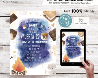 Editable Smore's party invitation | Digital Bonfire Birthday invite| Smores invitation | Camping birthday invitation Any Age | Marshmallows