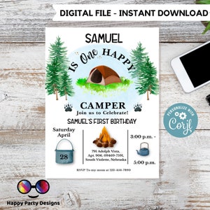 Editable Happy Camper Birthday Invitation | One Happy Camper | First Birthday | Camping Birthday Party | Instant Download | #K95