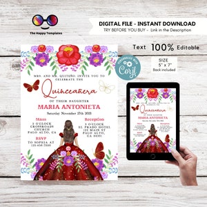 Editable Mexican floral dress Quinceañera Invitation | EDITABLE TEMPLATE Mis Quince 15 | 16th Birthday Instant Download | red dress #K309
