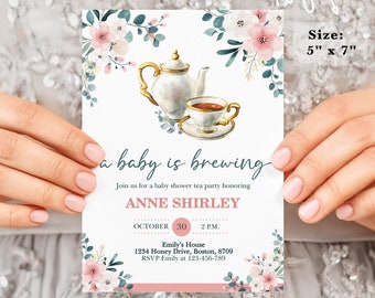 Tea Party Baby Shower Invitation | A Baby Is Brewing Baby Shower Invite | Teapot Baby Shower Invitation | greenery baby shower #B30