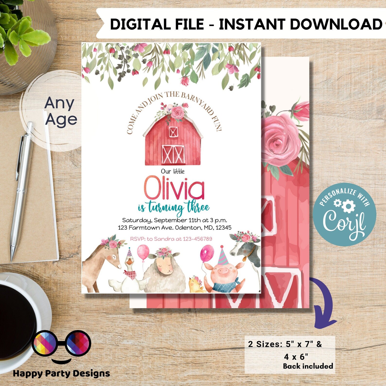 Editable Farm Birthday Invitation Girl | Farm Animals Pink Floral ...