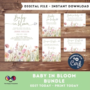 May include: A printable baby shower invitation bundle with a floral theme. The invitation features a watercolour illustration of pink and purple flowers in a field. The text reads "Baby in Bloom" and includes details for the shower, such as the date, time, and location. The bundle also includes cards for books for baby, diaper raffle, and a personalised thank you card.
