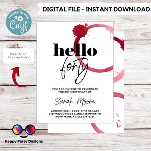 Hello forty red wine invitation | woman birthday | Surprise Birthday Party Invites | PRINTABLE wine party invitation | Invite for Her #A10