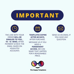 May include: Important information about Etsy templates. The link to your order will be emailed to you within 10-15 minutes after payment. Templates expire after 60 days, but you can purchase permanent access for a reasonable price. Send an email if you have any questions.