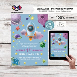 Editable Galaxy Blast Off | Outer space Birthday Invitation | Rocket ship party | galaxy | Space birthday invitation | First birthday #K375
