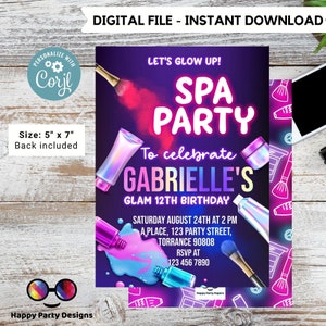 Editable neon Spa party | girls spa birthday party invitation editable template | Birthday girl | glam makeup & nails spa party #K226