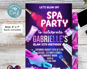 Puede incluir: Una invitación morada con texto rosa neón y azul que dice "Let's Glow Up! Spa Party" para celebrar el 12º cumpleaños glamuroso de Gabrielle. La invitación tiene un fondo de productos de maquillaje coloridos y un efecto de brillo rosa y azul.