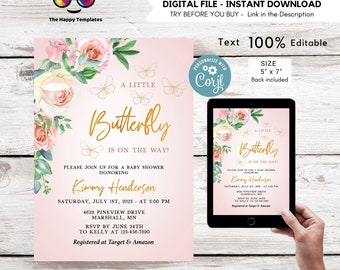 Editable Butterfly Baby Shower Invitation | Butterflies | Garden Shower Party | Girl Baby Shower | A little butterfly is on the way #B37
