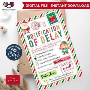 Etiqueta de notificación de retraso EDITABLE / Notificación de retraso en el regalo de Navidad / Divertida excusa por el retraso en el regalo / Regalo de Navidad tardío imprimible