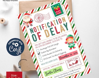 EDITABLE Notification of delay label | Christmas Gift Delay Notification | Funny late gift excuse | Printable Late Christmas Present