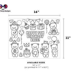 May include: Black and white printable coloring page featuring a teddy bear theme with the text "Happy 5th Birthday Kris!" and a variety of birthday-themed images, including presents, balloons, cupcakes, and a cake. The page is 16 inches wide and 11 inches tall.