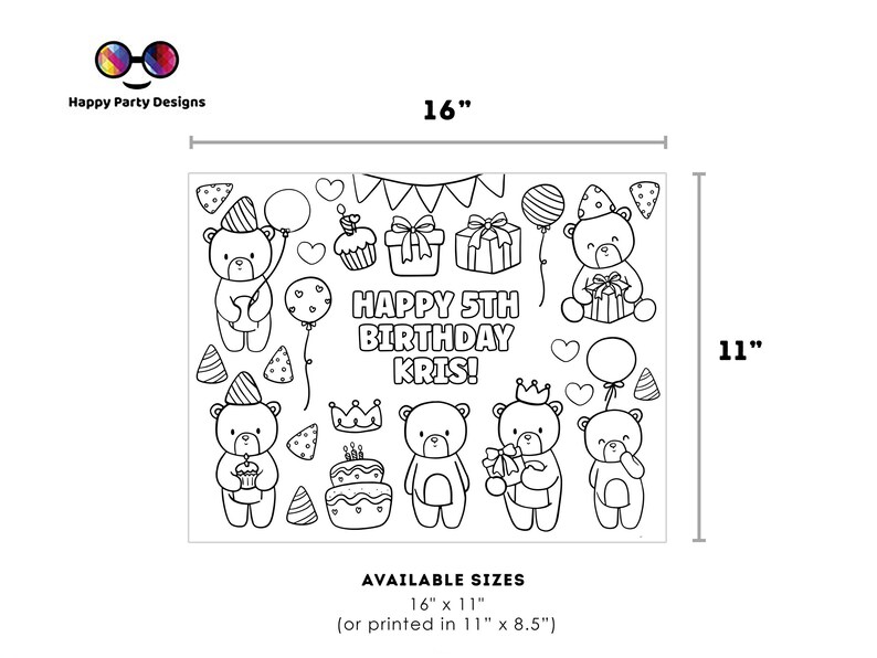 May include: Black and white printable coloring page featuring a teddy bear theme with the text "Happy 5th Birthday Kris!" and a variety of birthday-themed images, including presents, balloons, cupcakes, and a cake. The page is 16 inches wide and 11 inches tall.