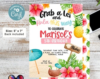 Editable Grab a Lei and Hula this way invitation template | Hula Party Invitation | Summer | Any Event! | Beach or Pool Hawaiian party #K222