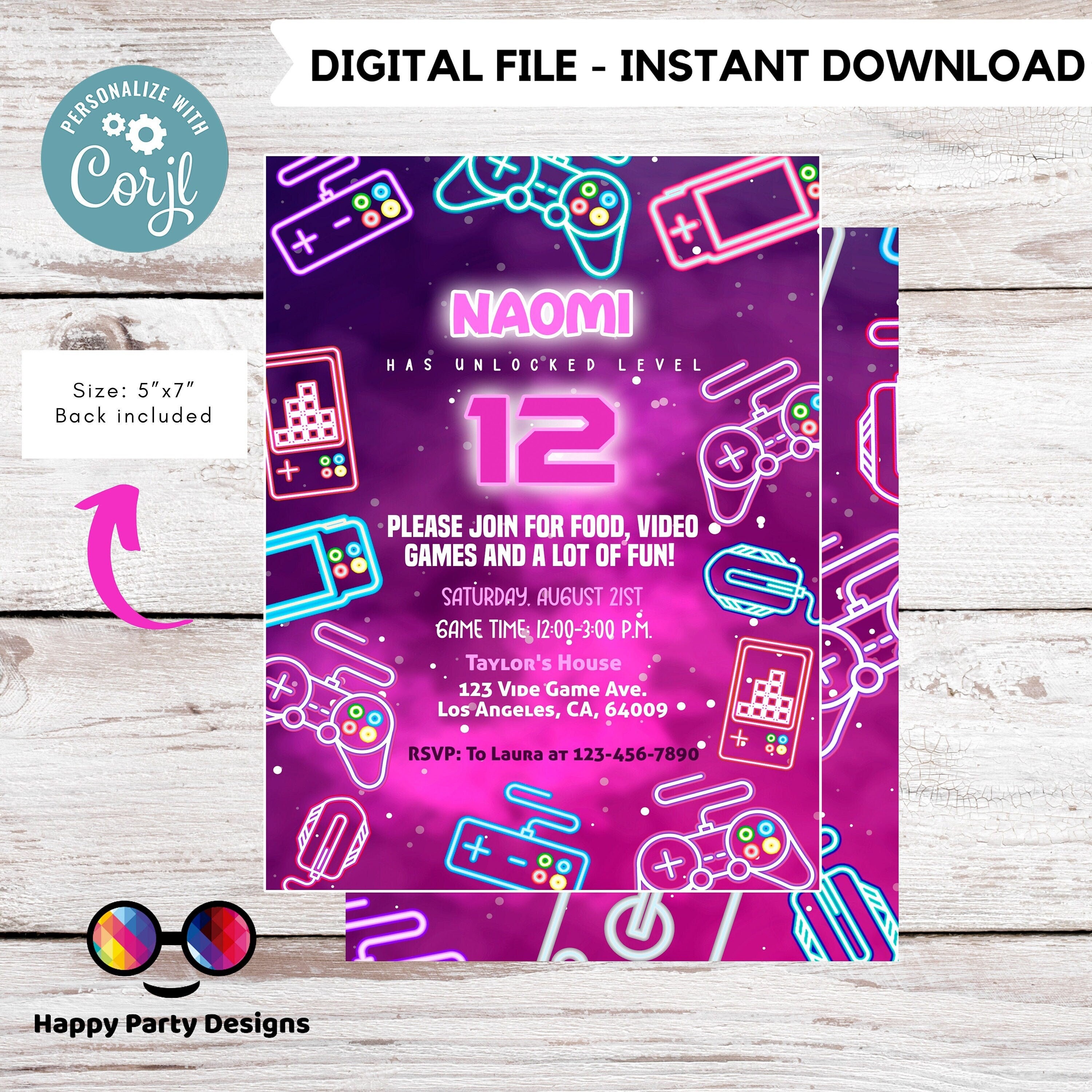 Editable Videogame Invitation | Digital Neon Video Gamer Printable ...